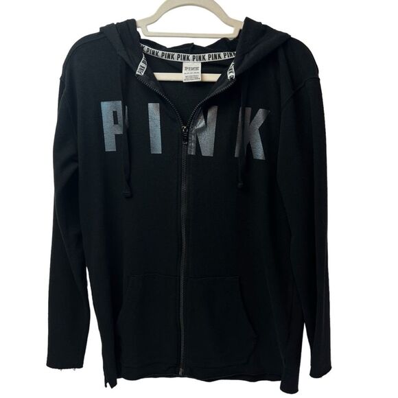 Pink Victoria’s Secret Oversized Logo Full Zip Hoodie Black XS - Picture 1 of 6
